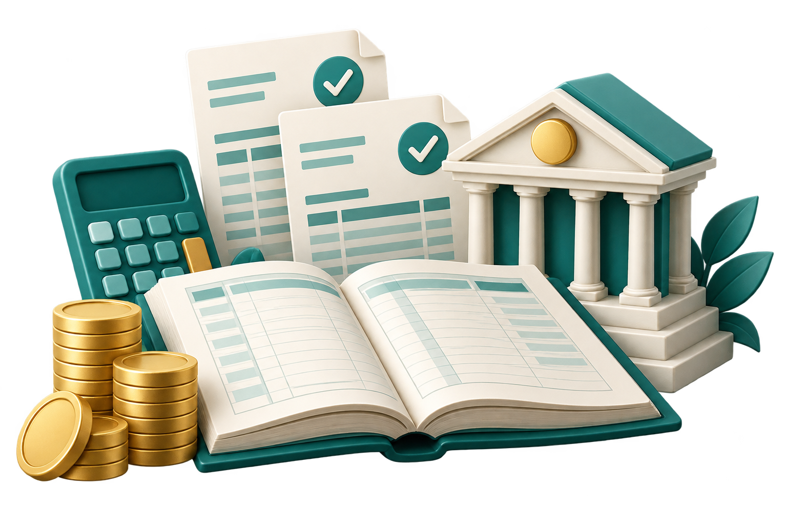 Ilustração de livro contábil, contas pagas, dinheiro e banco